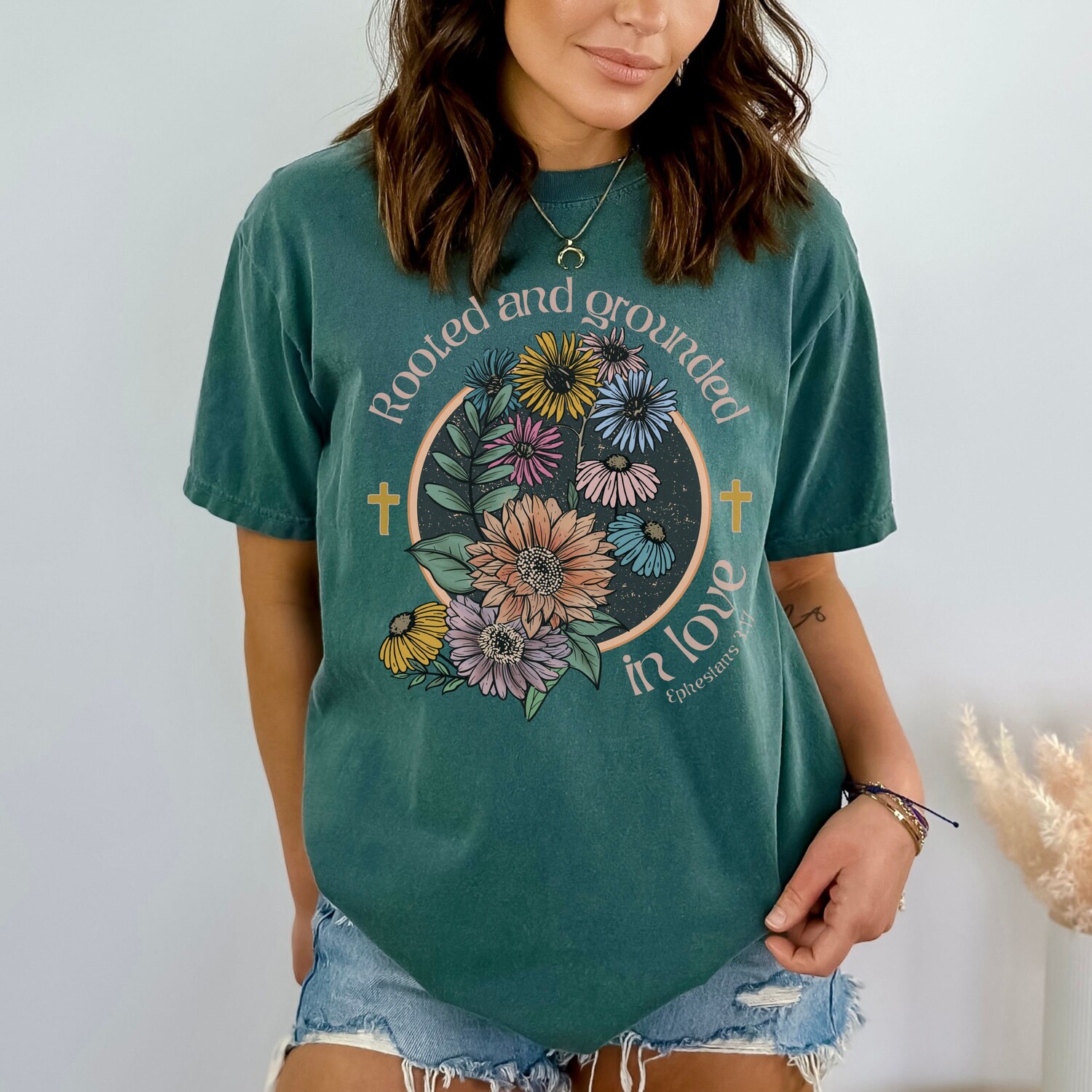 Vintage Christian Shirt - Bible Verse Rooted in Love Floral Boho T-Shirt image 4