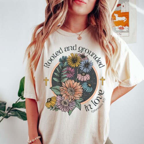 Vintage Christian Shirt - Bible Verse Rooted in Love Floral Boho T-Shirt image 0