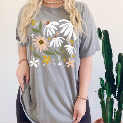 Boho Wildflower Shirt - Vintage Botanical Floral Nature TShirt Oversized Tee image 0