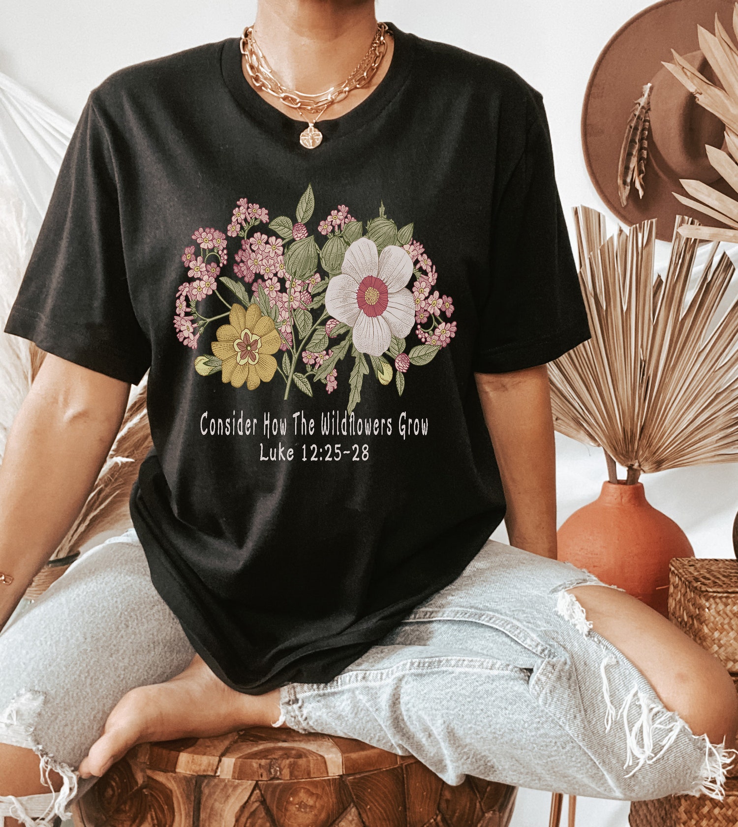 Women's Floral Christian Shirt Bible Verse Luke 12 Wildflower Design Gift for Her image 1