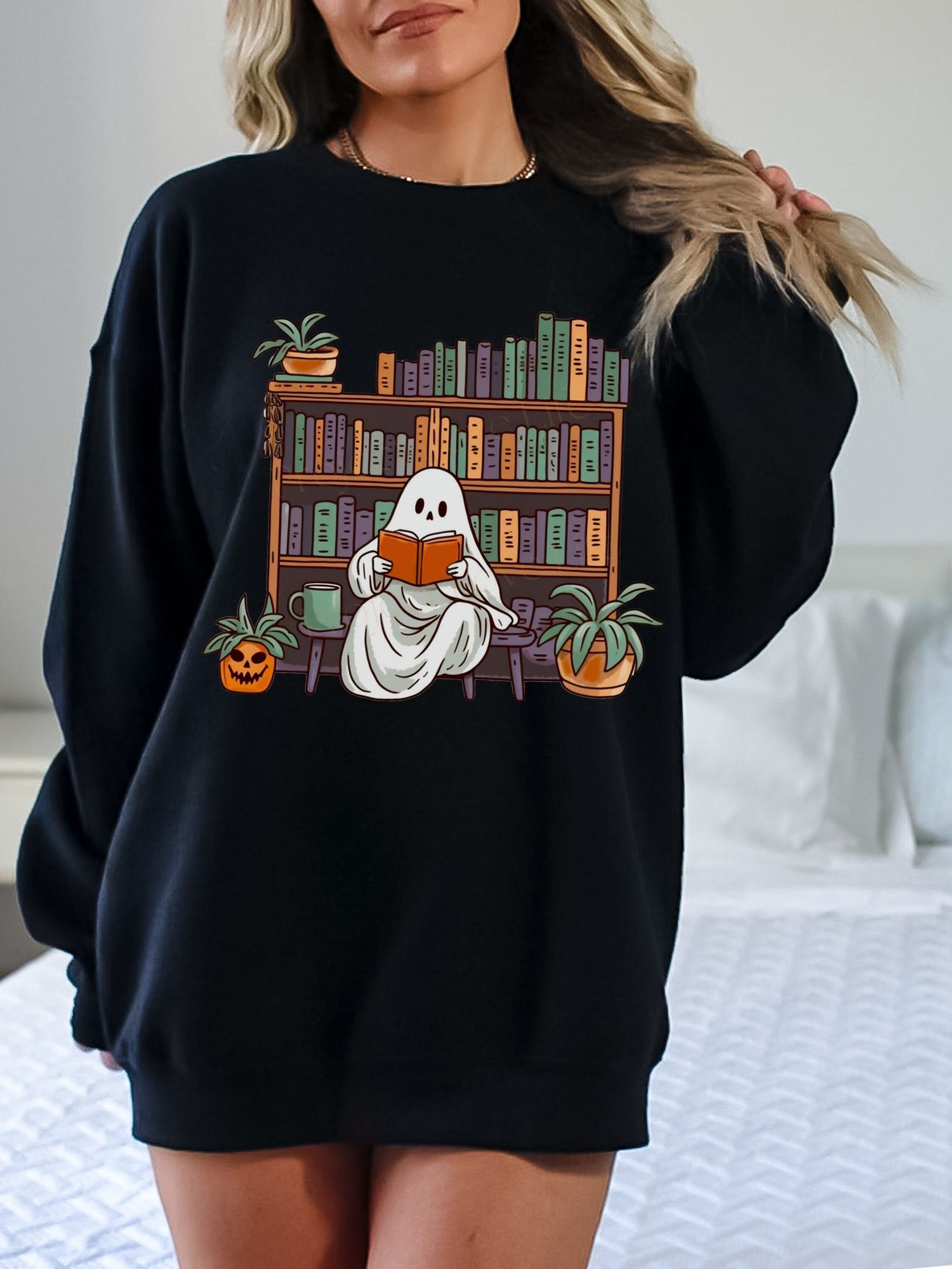 Bookish Ghost Sweater Spooky Library Shirt for Book Lovers Reading Sweatshirt image 2