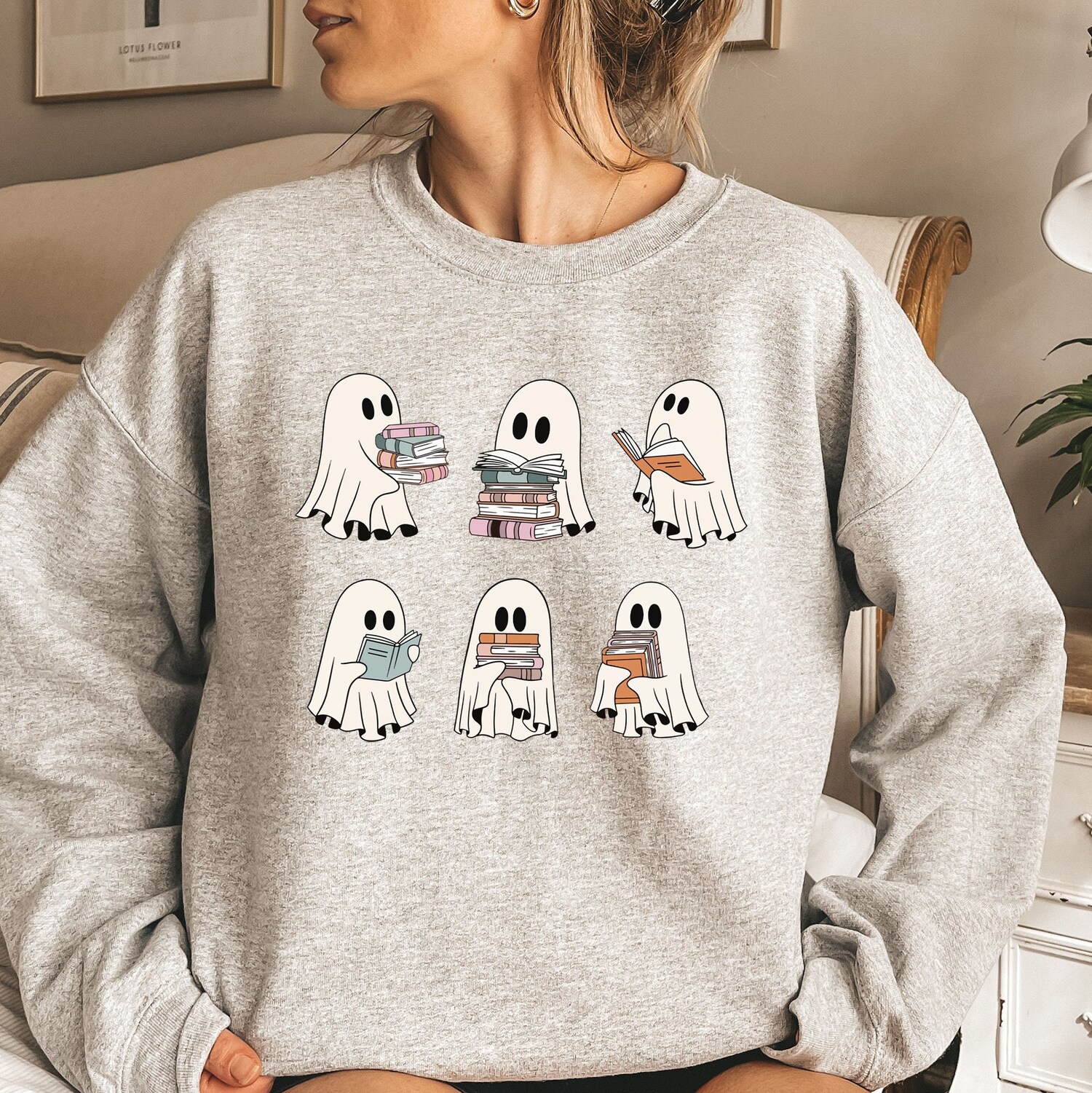 Ghost Reading Books Halloween Sweatshirt Bookish Librarian Hoodie Teacher Gift Crewneck image 4