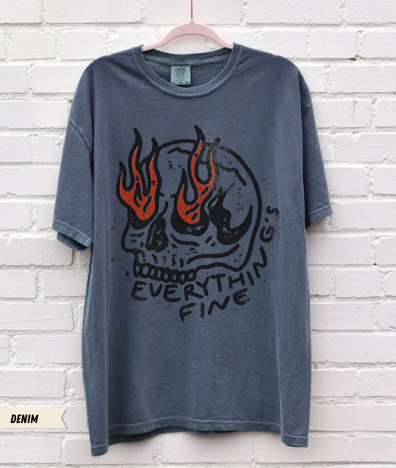 Everything's Fine Shirt Boho Hippie Vintage Skull on Fire Oversized Moto Grunge Tee image 3