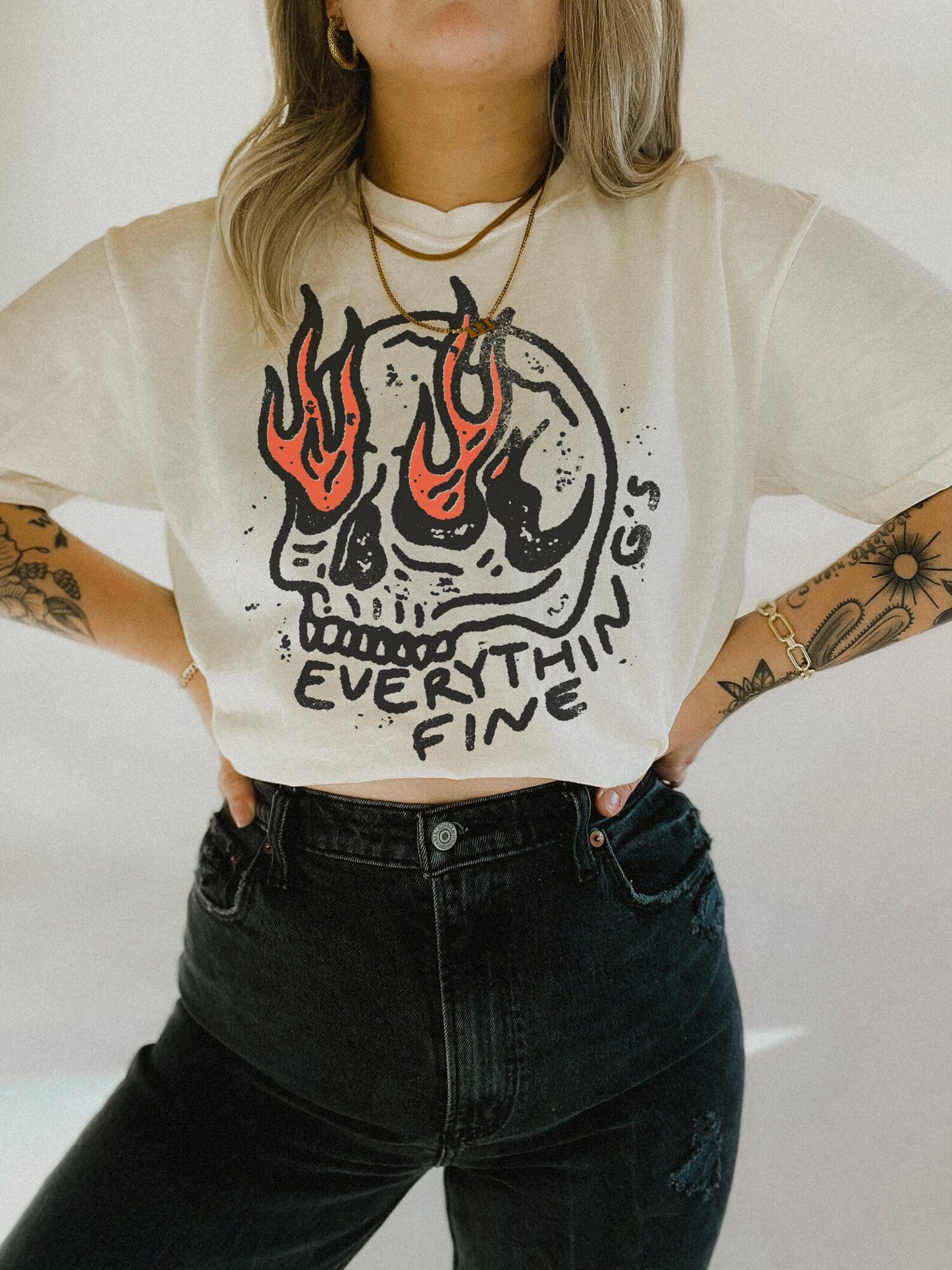 Everything's Fine Shirt Boho Hippie Vintage Skull on Fire Oversized Moto Grunge Tee image 2