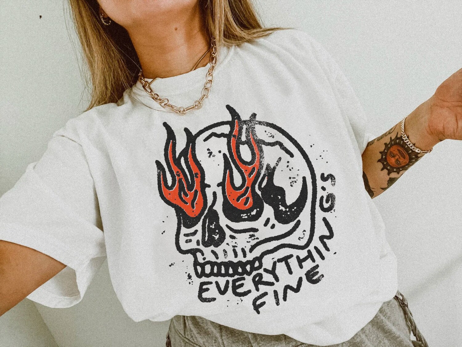 Everything's Fine Shirt Boho Hippie Vintage Skull on Fire Oversized Moto Grunge Tee image 1