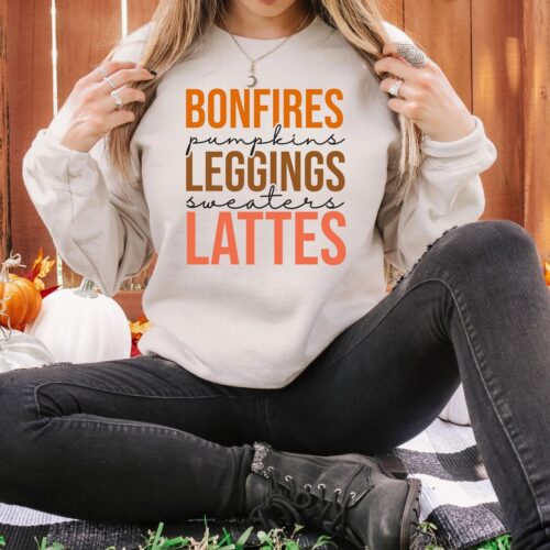 Bonfires Pumpkins Lattes Fall Sweatshirt Thanksgiving Autumn Sweater Hello Autumn Shirt Gift image 0