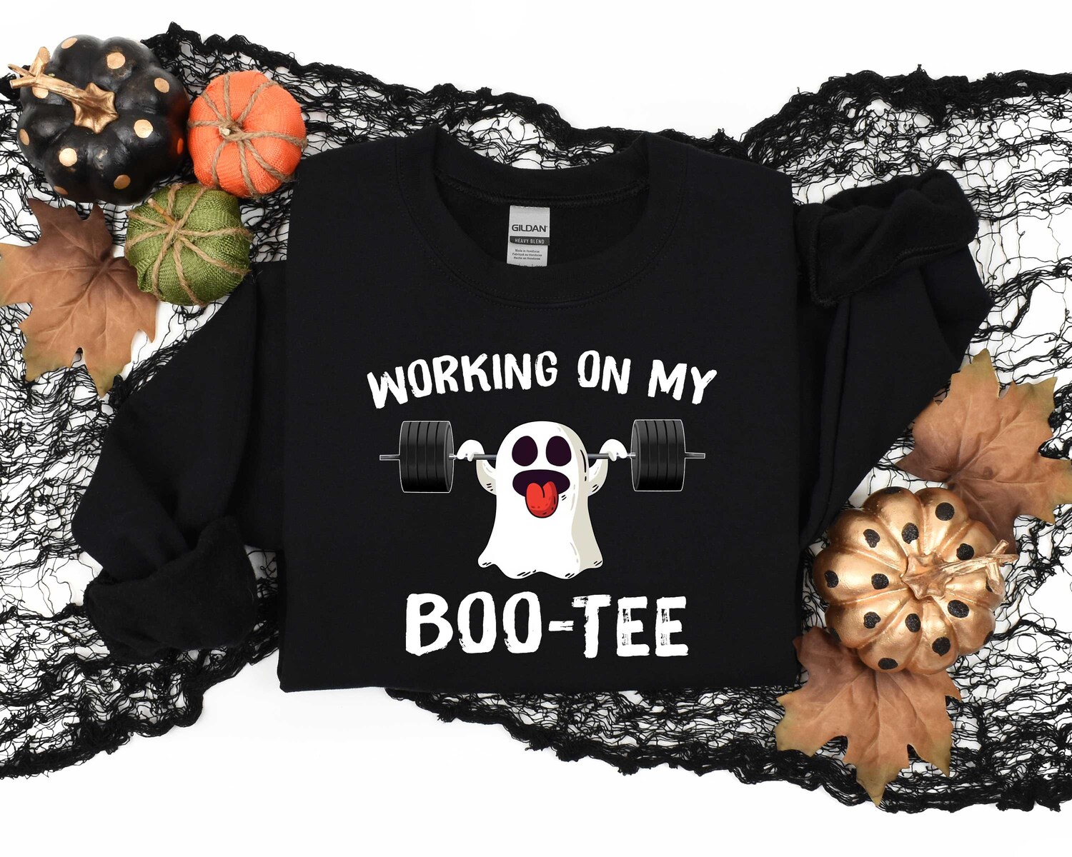 Halloween Fitness Sweatshirt | Funny Halloween Gym Shirt for Men & Women | Working On My Boo Tee image 2