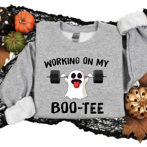 Halloween Fitness Sweatshirt | Funny Halloween Gym Shirt for Men & Women | Working On My Boo Tee image 0