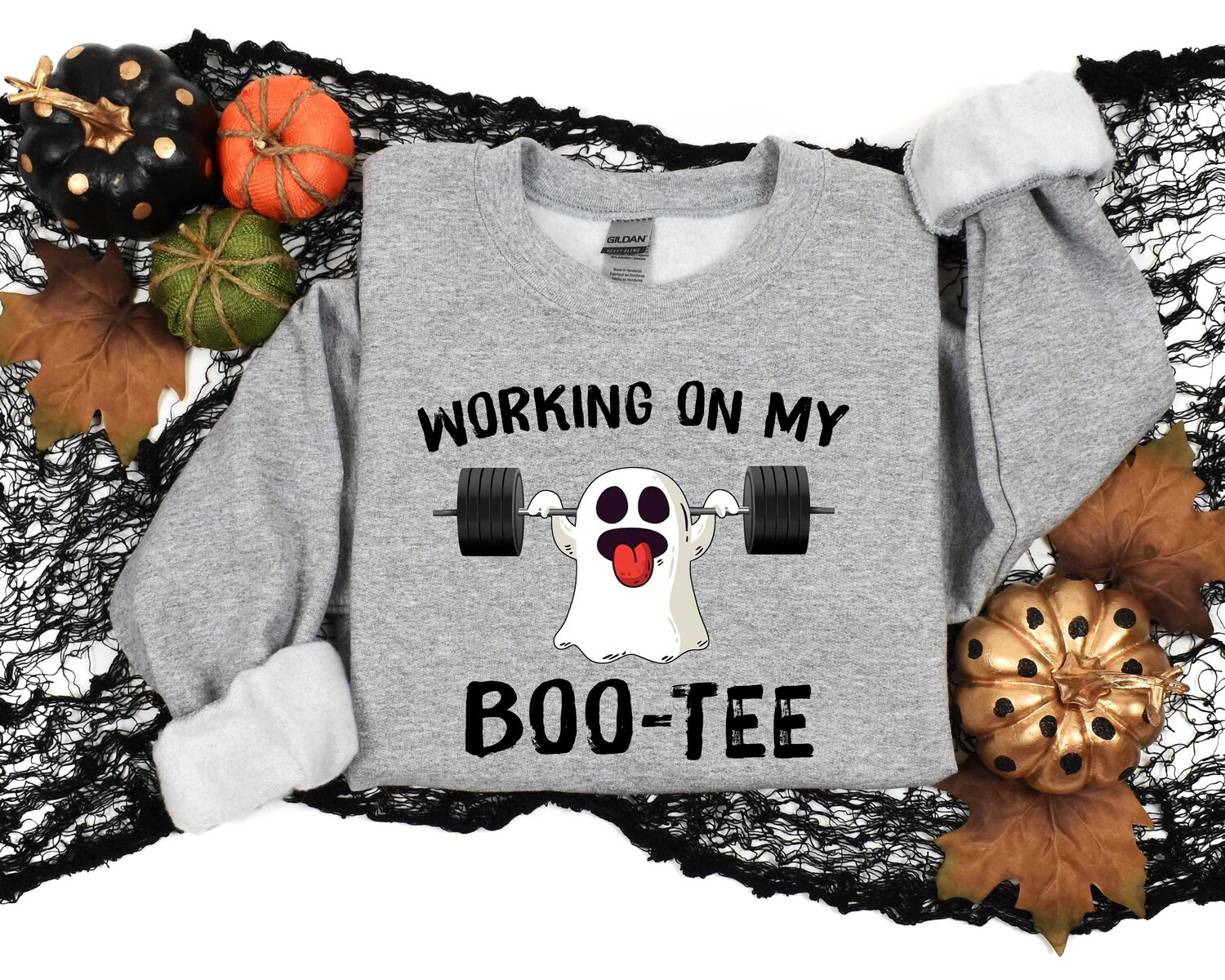 Halloween Fitness Sweatshirt | Funny Halloween Gym Shirt for Men & Women | Working On My Boo Tee image 0