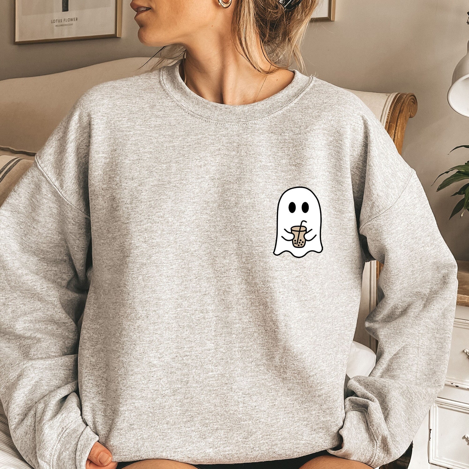 Little Ghost Iced Coffee Sweatshirt - Halloween Crewneck Cute Ghost Hoodie Spooky Coffee Lover Gift image 5