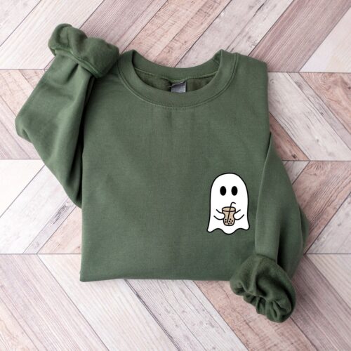 Little Ghost Iced Coffee Sweatshirt - Halloween Crewneck Cute Ghost Hoodie Spooky Coffee Lover Gift image 0