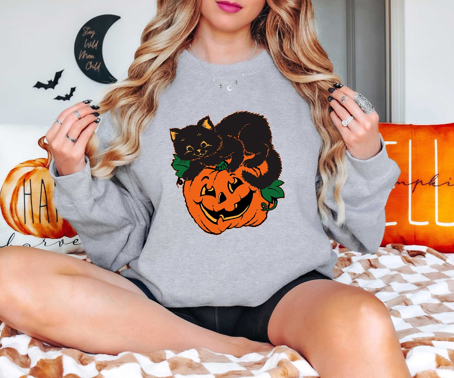 Black Cat on Pumpkin Shirt Fall Halloween Sweater Cat Lover Gift Black Cat Tee image 2