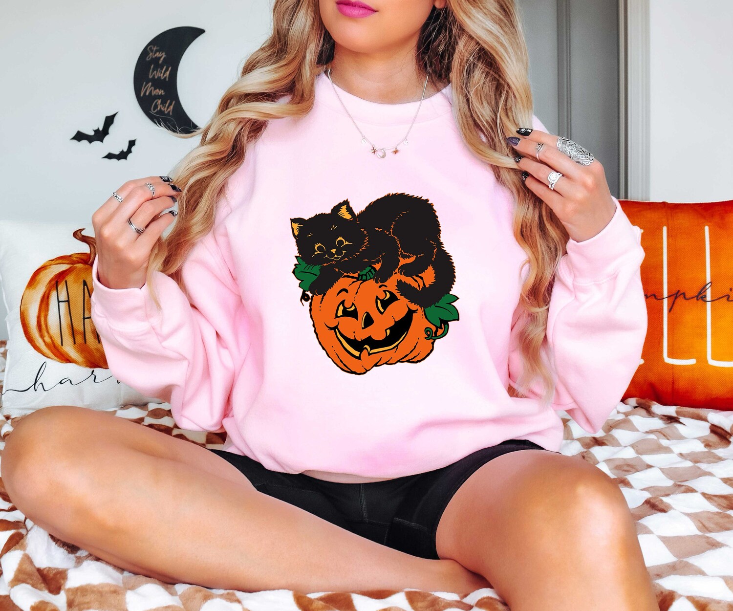 Black Cat on Pumpkin Shirt Fall Halloween Sweater Cat Lover Gift Black Cat Tee image 3