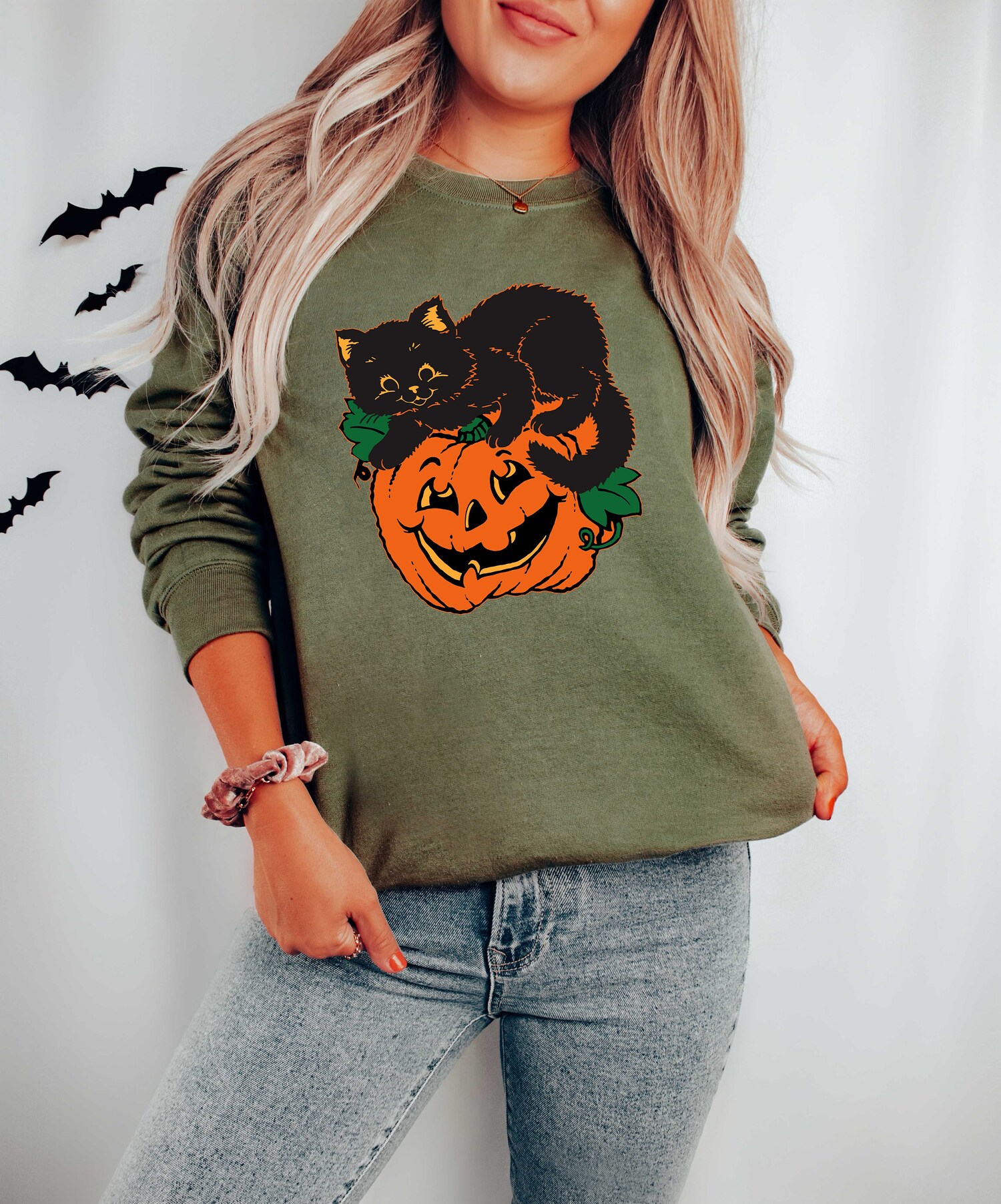 Black Cat on Pumpkin Shirt Fall Halloween Sweater Cat Lover Gift Black Cat Tee image 5