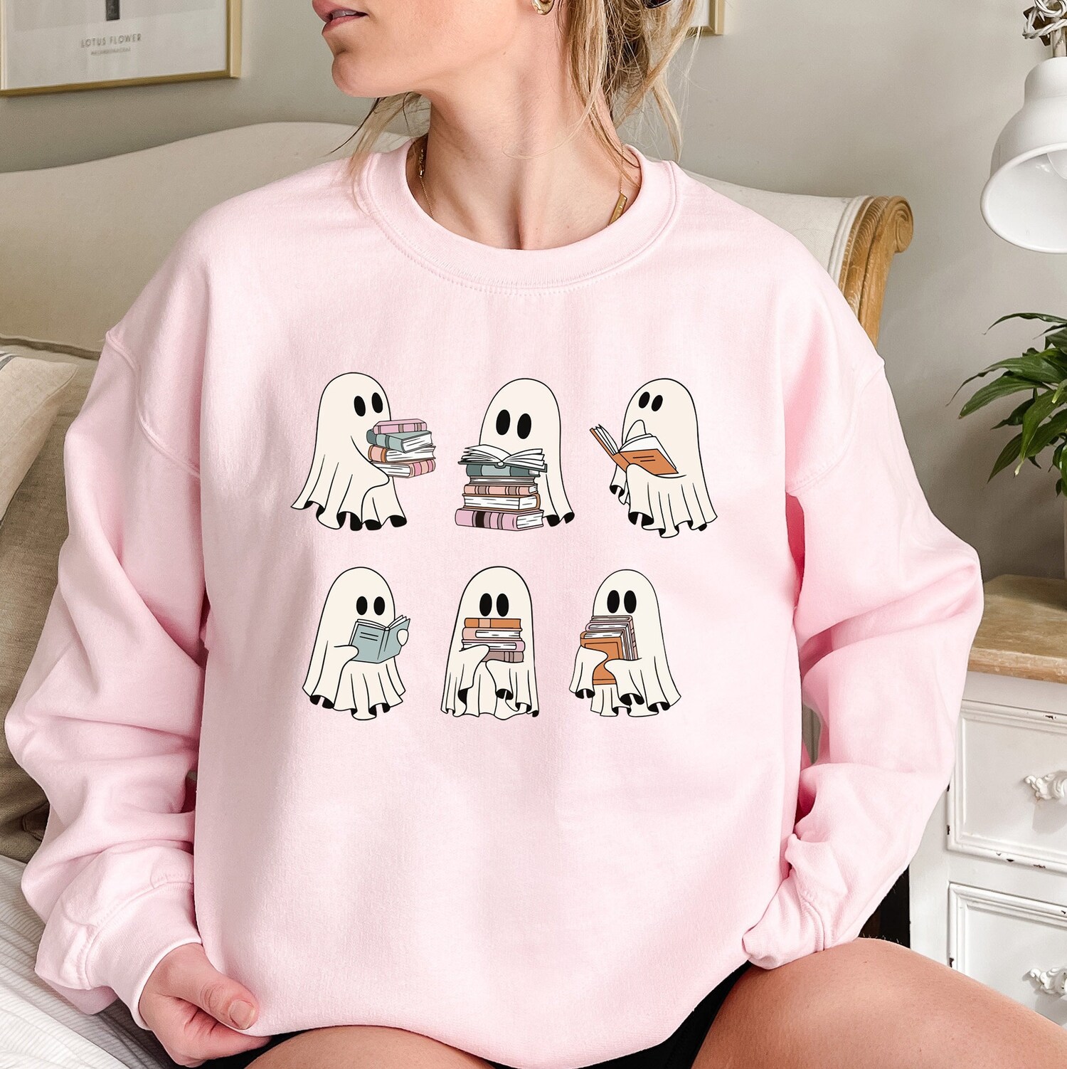 Ghost Reading Books Halloween Sweatshirt Bookish Librarian Hoodie Teacher Gift Crewneck image 6