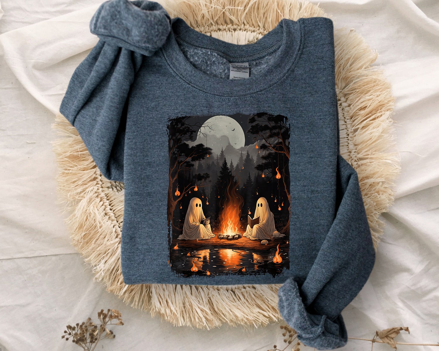 Retro Ghost Book Reading Halloween Teacher Shirt - Gothic Camping Sweatshirt - Halloween Trip Top image 1