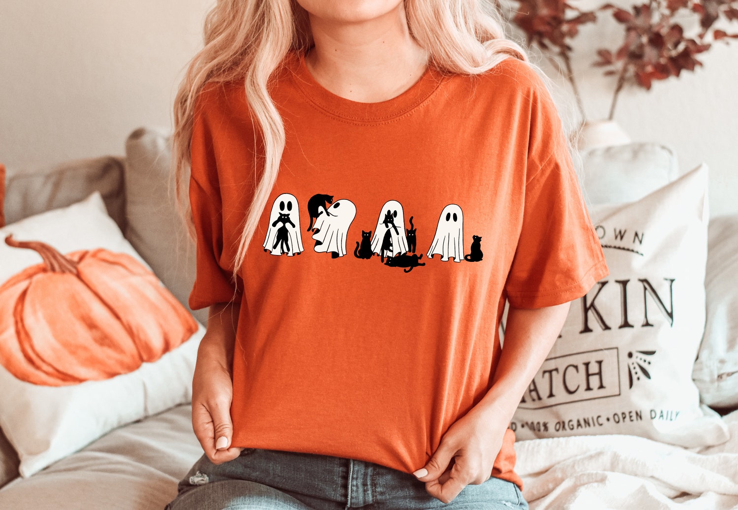 Ghost Cat Sweatshirt Halloween Crewneck | Cat Lover Shirt | Ghost Cat T-shirt | Cat Mom Tee image 3