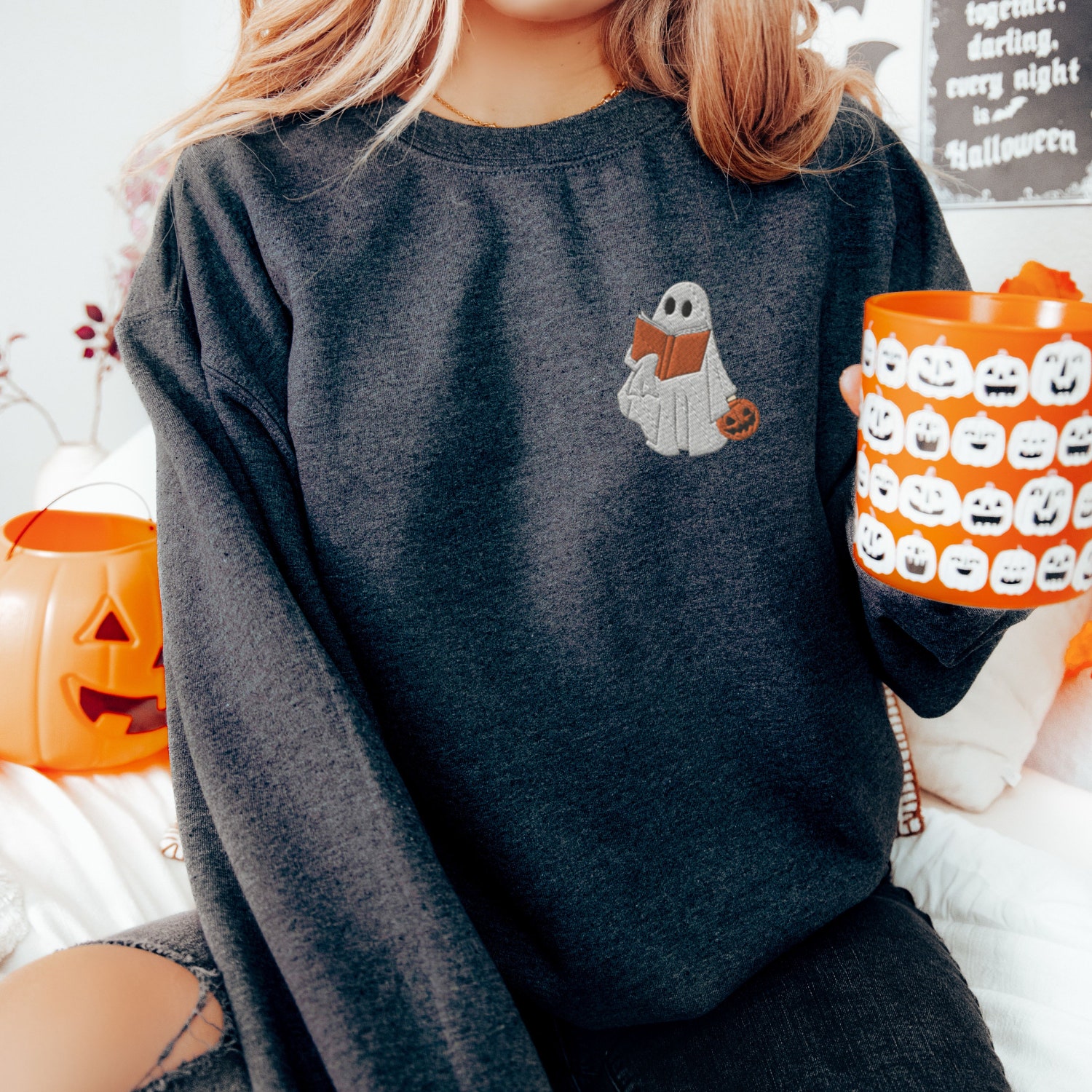 Ghost Reading Sweatshirt - Halloween Book Lover Shirt - Cute Ghost image 9