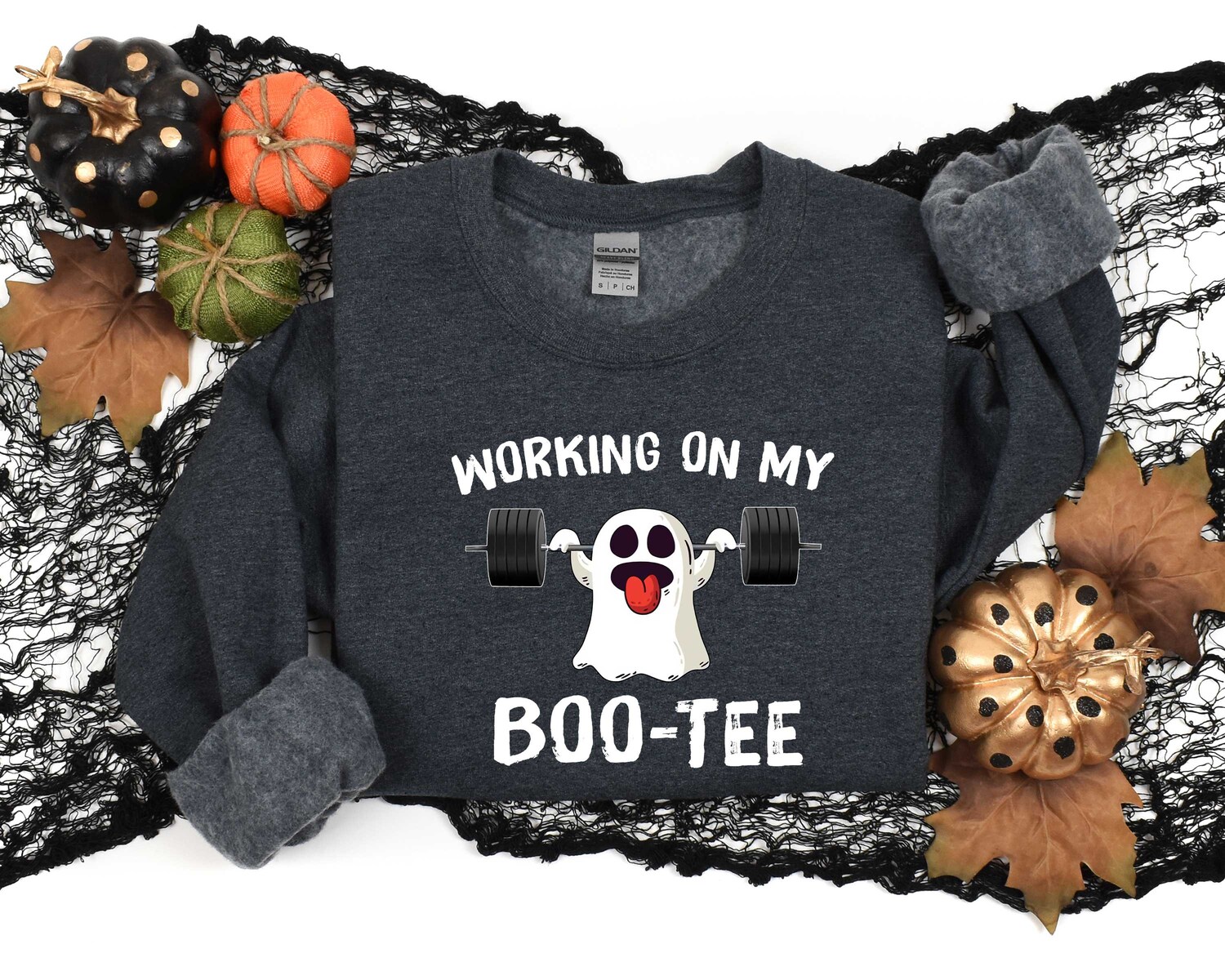 Halloween Fitness Sweatshirt | Funny Halloween Gym Shirt for Men & Women | Working On My Boo Tee image 3