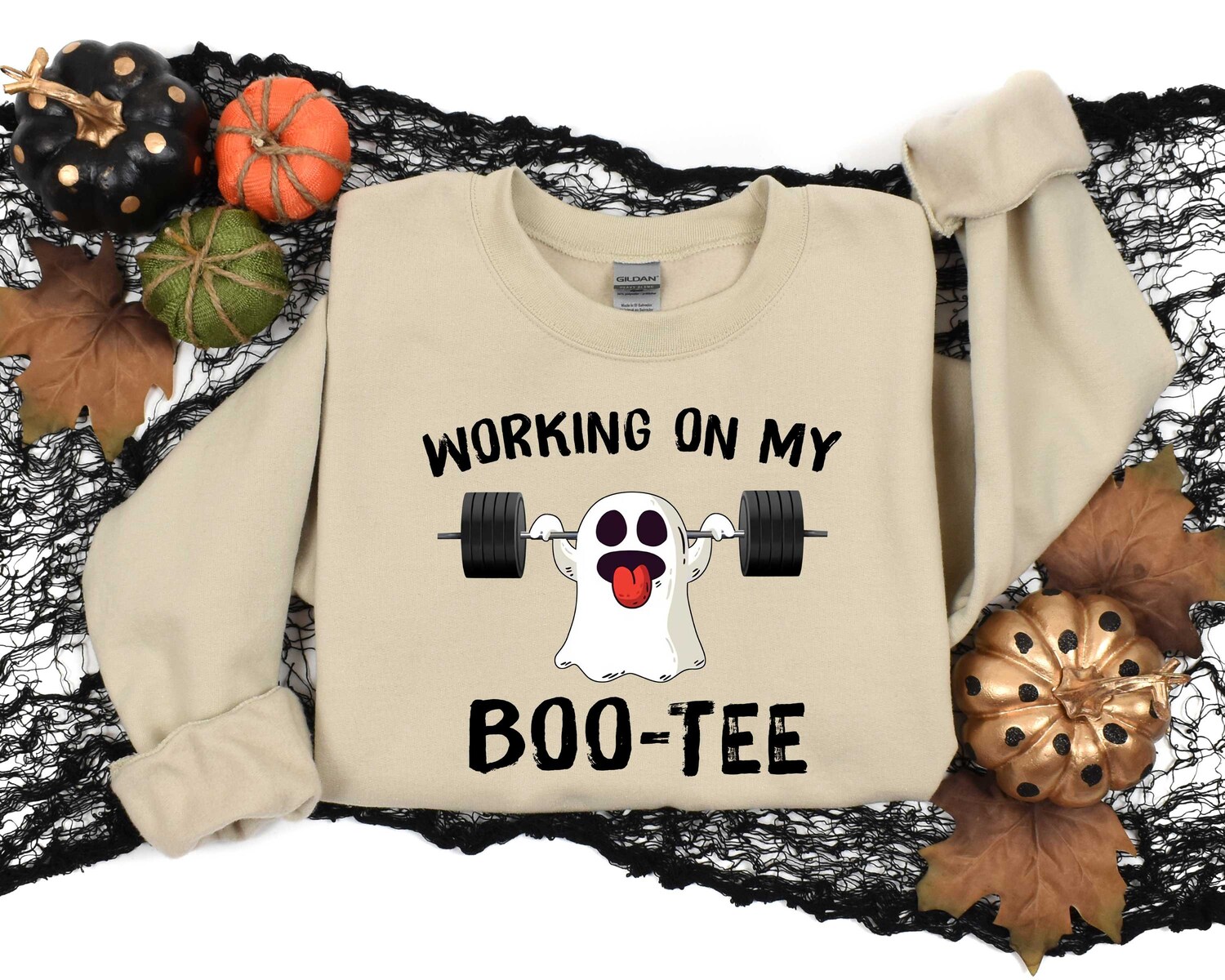 Halloween Fitness Sweatshirt | Funny Halloween Gym Shirt for Men & Women | Working On My Boo Tee image 1