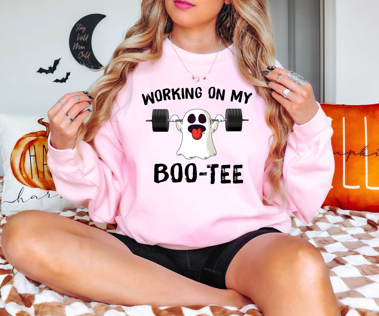 Halloween Fitness Sweatshirt | Funny Halloween Gym Shirt for Men & Women | Working On My Boo Tee image 4