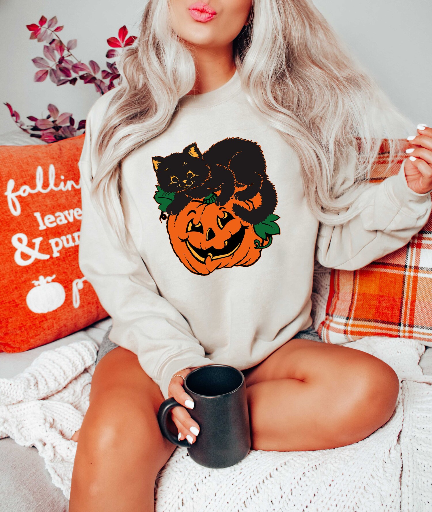 Black Cat on Pumpkin Shirt Fall Halloween Sweater Cat Lover Gift Black Cat Tee image 4