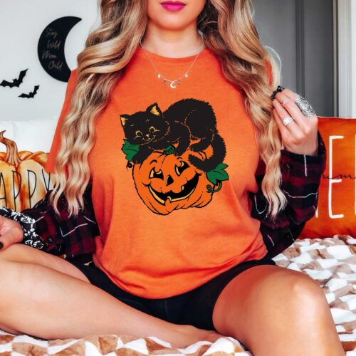 Black Cat on Pumpkin Shirt Fall Halloween Sweater Cat Lover Gift Black Cat Tee image 0