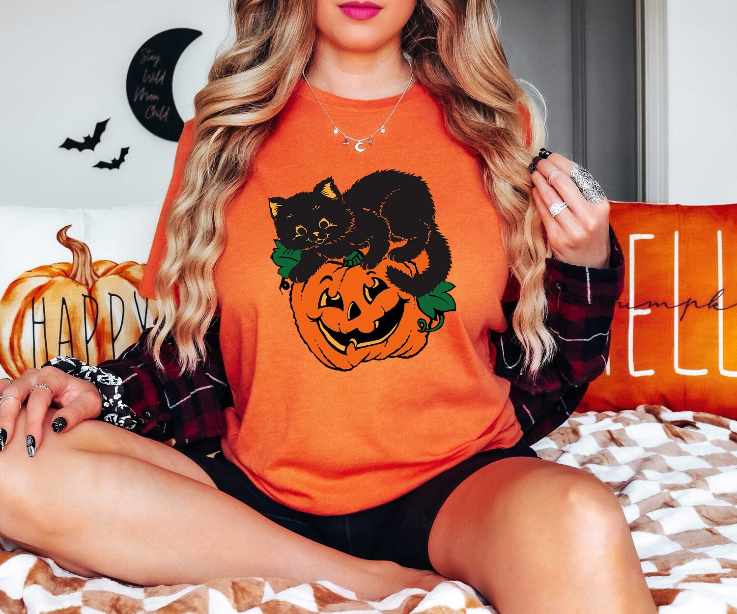 Black Cat on Pumpkin Shirt Fall Halloween Sweater Cat Lover Gift Black Cat Tee image 0