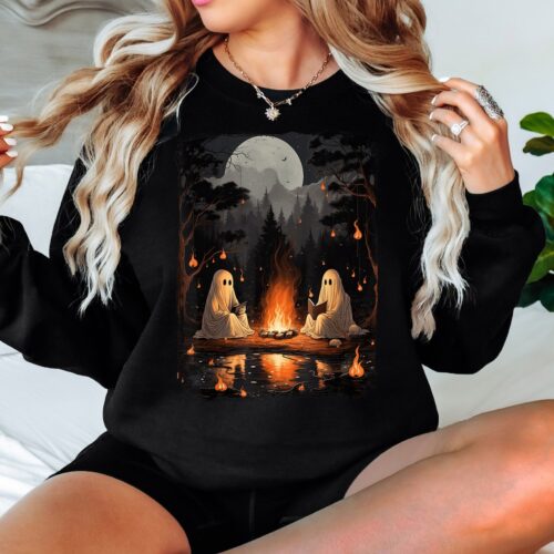 Retro Ghost Book Reading Halloween Teacher Shirt - Gothic Camping Sweatshirt - Halloween Trip Top image 0