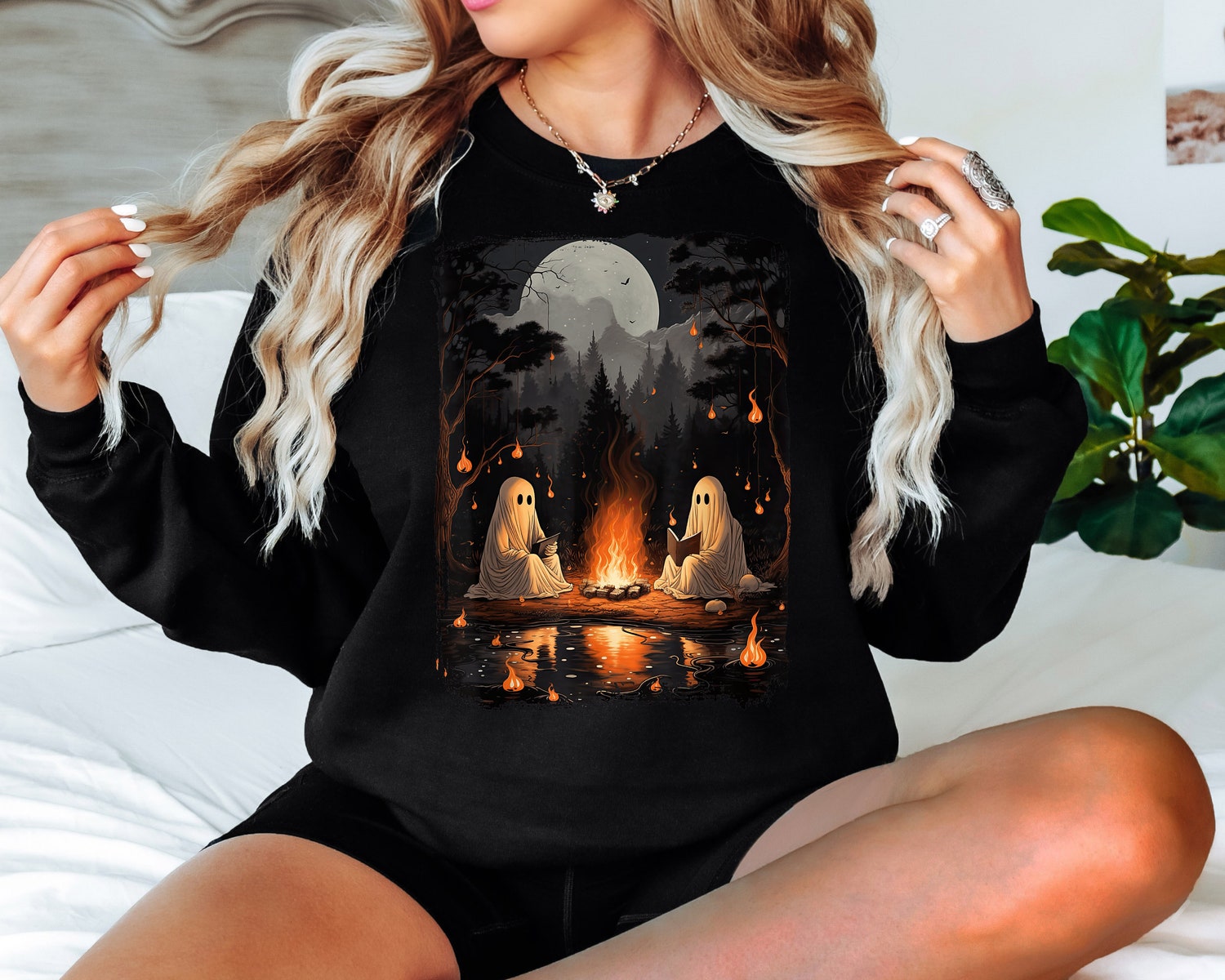 Retro Ghost Book Reading Halloween Teacher Shirt - Gothic Camping Sweatshirt - Halloween Trip Top image 0