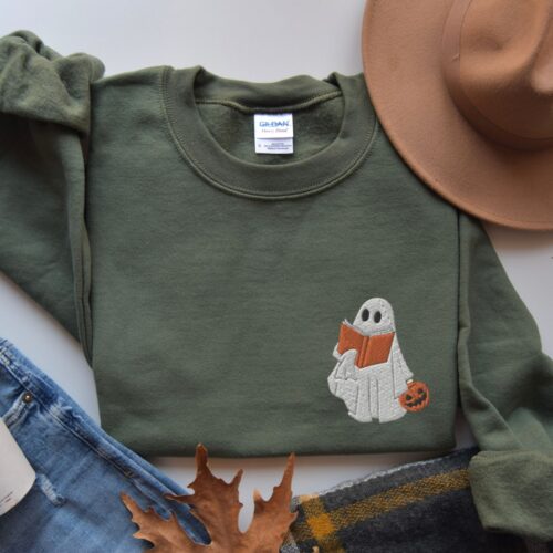 Ghost Reading Sweatshirt - Halloween Book Lover Shirt - Cute Ghost image 0