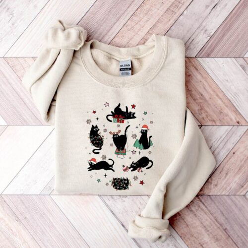 Meowy Christmas Cat Sweatshirt - Funny Cute Cat Lover Gift - Holiday Cat Mom Shirt image 0