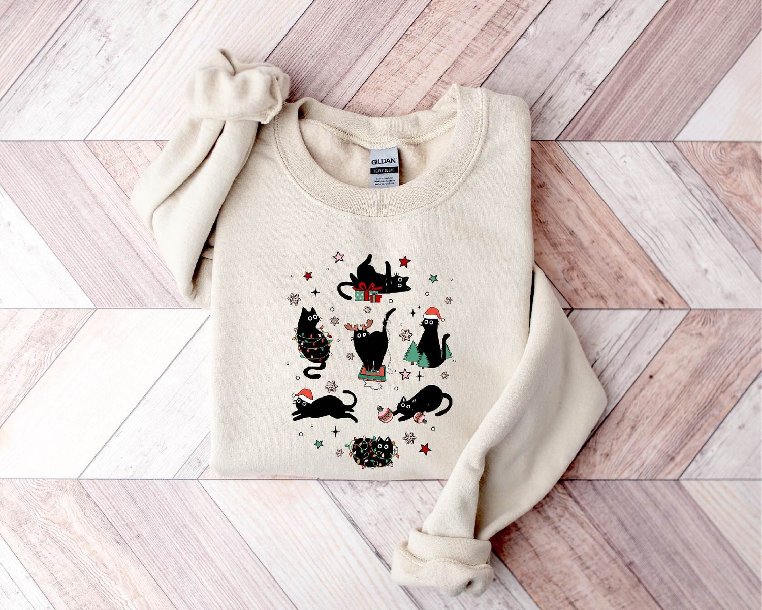 Meowy Christmas Cat Sweatshirt - Funny Cute Cat Lover Gift - Holiday Cat Mom Shirt image 0