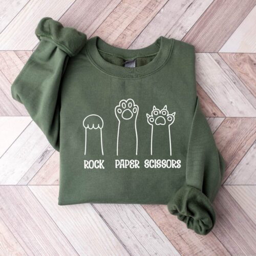 Funny Cat Paw Rock Paper Scissors Sweatshirt Unisex Cat Lover Crewneck Gift for Cat Mom image 0