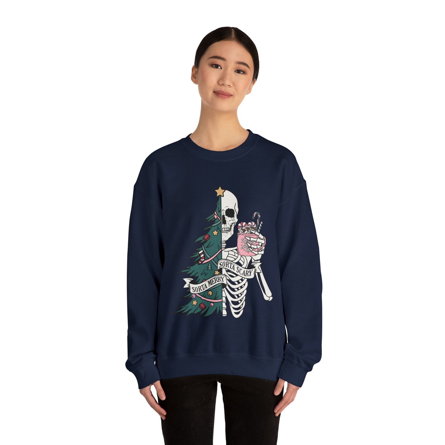 Sorta Merry Sorta Scary Skeleton Christmas Sweatshirt | Sarcastic Funny Xmas Tree Top image 5