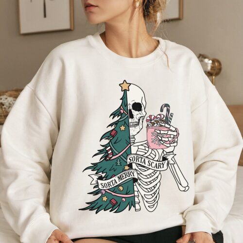 Sorta Merry Sorta Scary Skeleton Christmas Sweatshirt | Sarcastic Funny Xmas Tree Top image 0