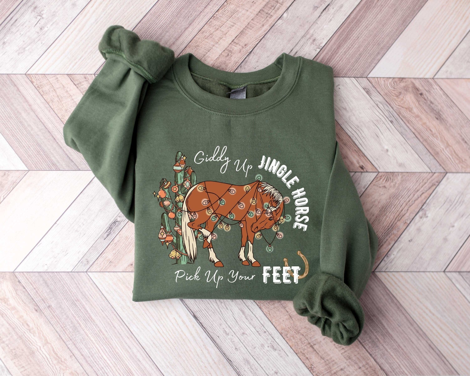 Cowboy Christmas Sweater - Giddy Up Horse Holiday Sweatshirt - Country Cowgirl Xmas Shirt image 0