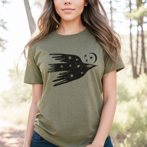 Celestial Bird Shirt - Vintage Night Sky Tee with Moon & Stars - Boho Folk Art Graphic T-Shirt image 0