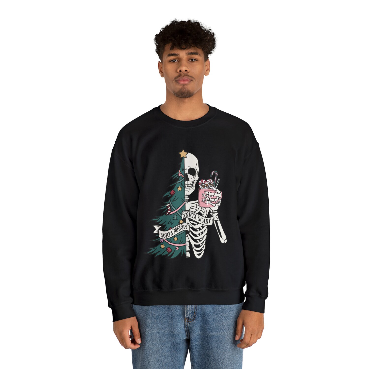 Sorta Merry Sorta Scary Skeleton Christmas Sweatshirt | Sarcastic Funny Xmas Tree Top image 3