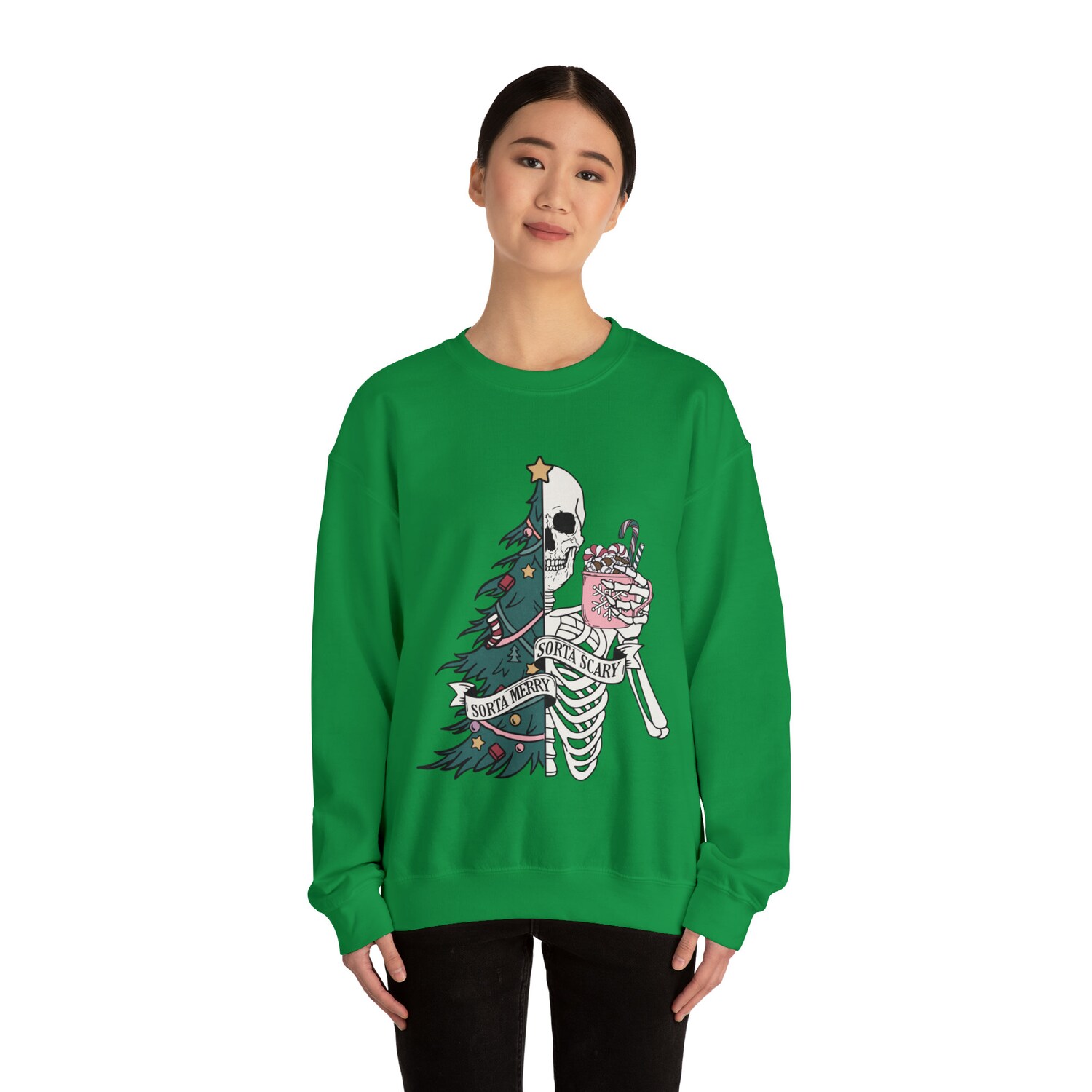 Sorta Merry Sorta Scary Skeleton Christmas Sweatshirt | Sarcastic Funny Xmas Tree Top image 4