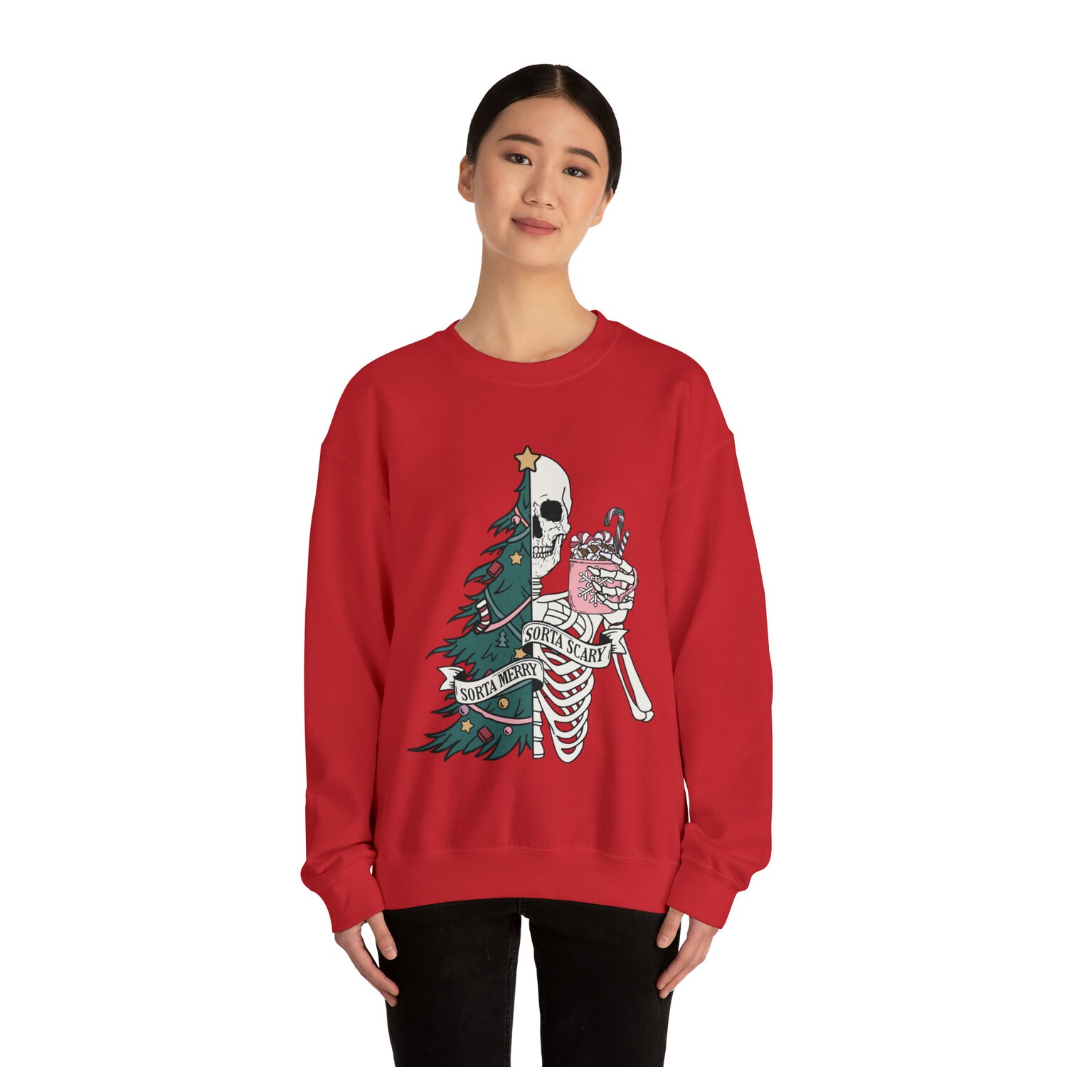 Sorta Merry Sorta Scary Skeleton Christmas Sweatshirt | Sarcastic Funny Xmas Tree Top image 6