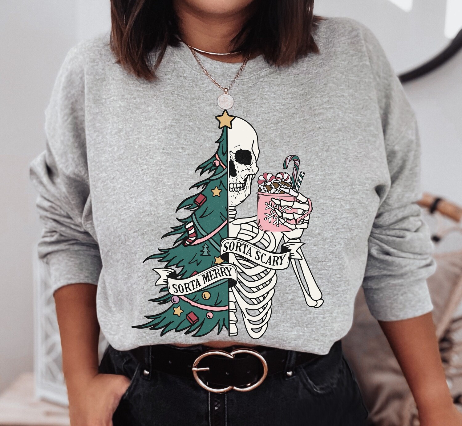 Sorta Merry Sorta Scary Skeleton Christmas Sweatshirt | Sarcastic Funny Xmas Tree Top image 1