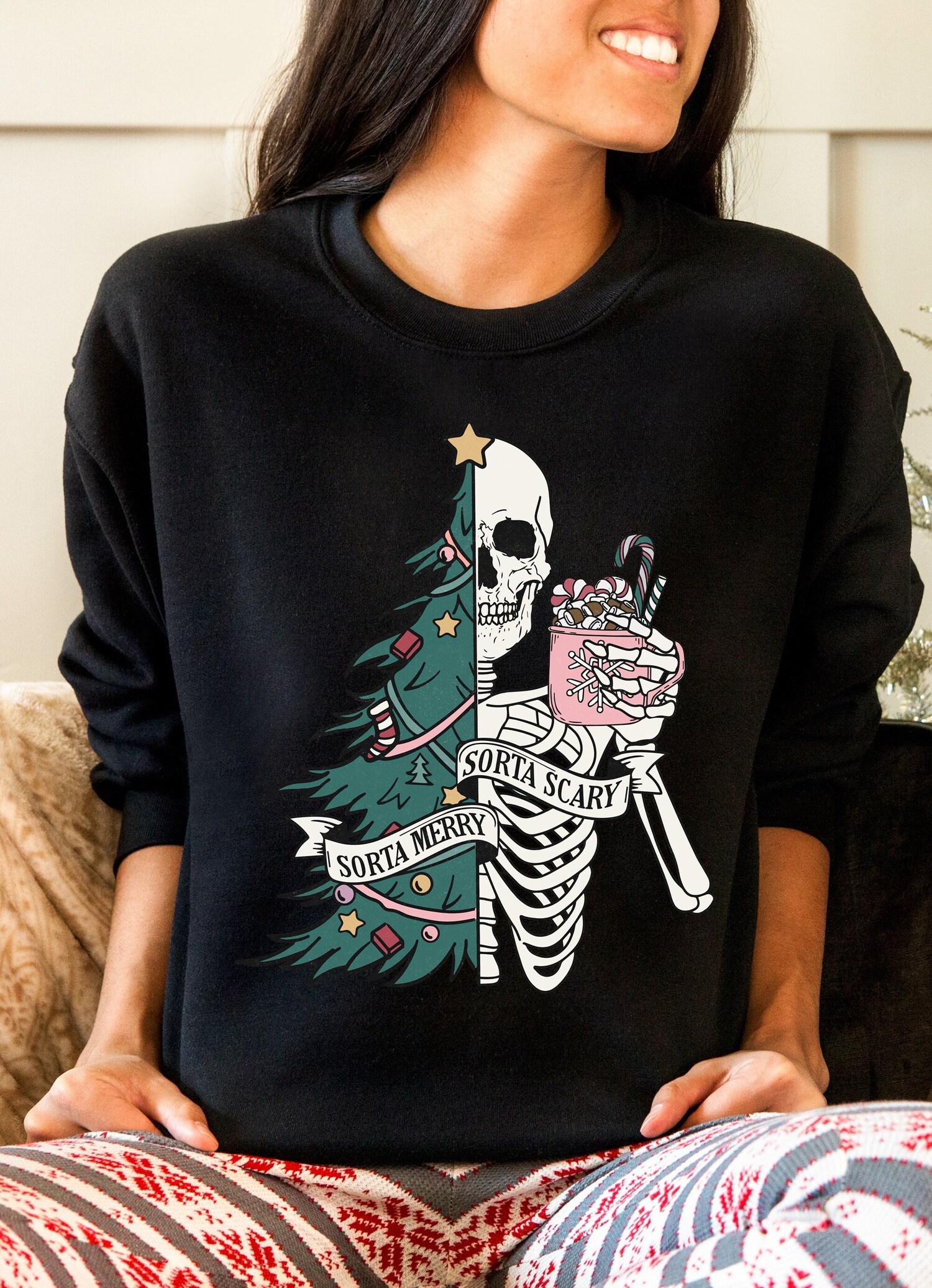 Sorta Merry Sorta Scary Skeleton Christmas Sweatshirt | Sarcastic Funny Xmas Tree Top image 2