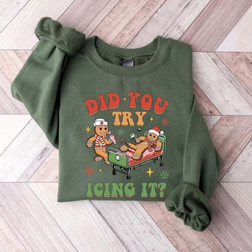 Did You Try Icing It Sweatshirt | Funny School Nurse Christmas Sweater | PICU ICU Nurse Xmas Tee image 0