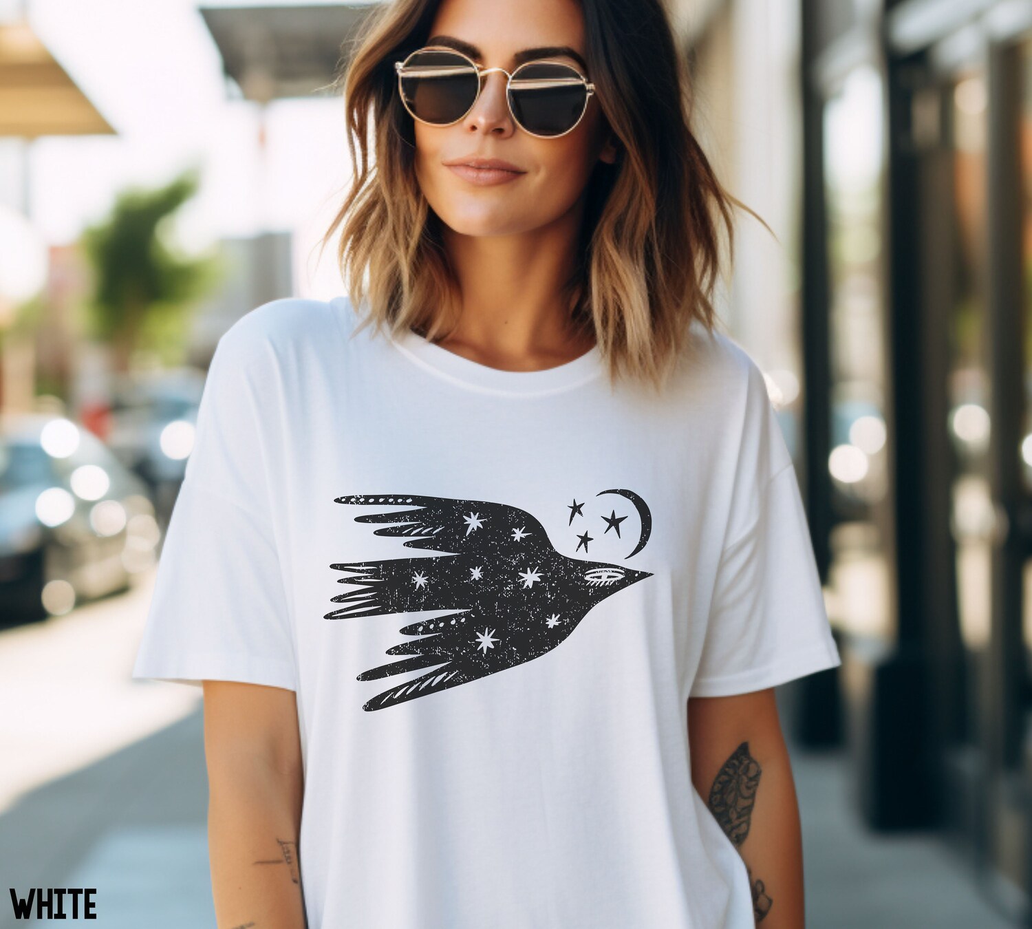 Celestial Bird Shirt - Vintage Night Sky Tee with Moon & Stars - Boho Folk Art Graphic T-Shirt image 5