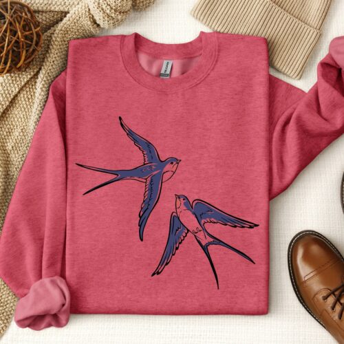 Flying Swallows T-Shirt Cute Couples Shirt Valentine's Gift for Women Swallows in Love Sweatshirt image 0