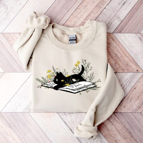 Cute Cat Book Sweatshirt - Bookish and Floral Design for Cat Lovers and Librarians image 0