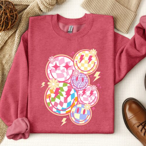 Trendy Checkered Smiley Face Sweatshirt | Cute Checkered Smile Face Sweater | Gift For Her image 0