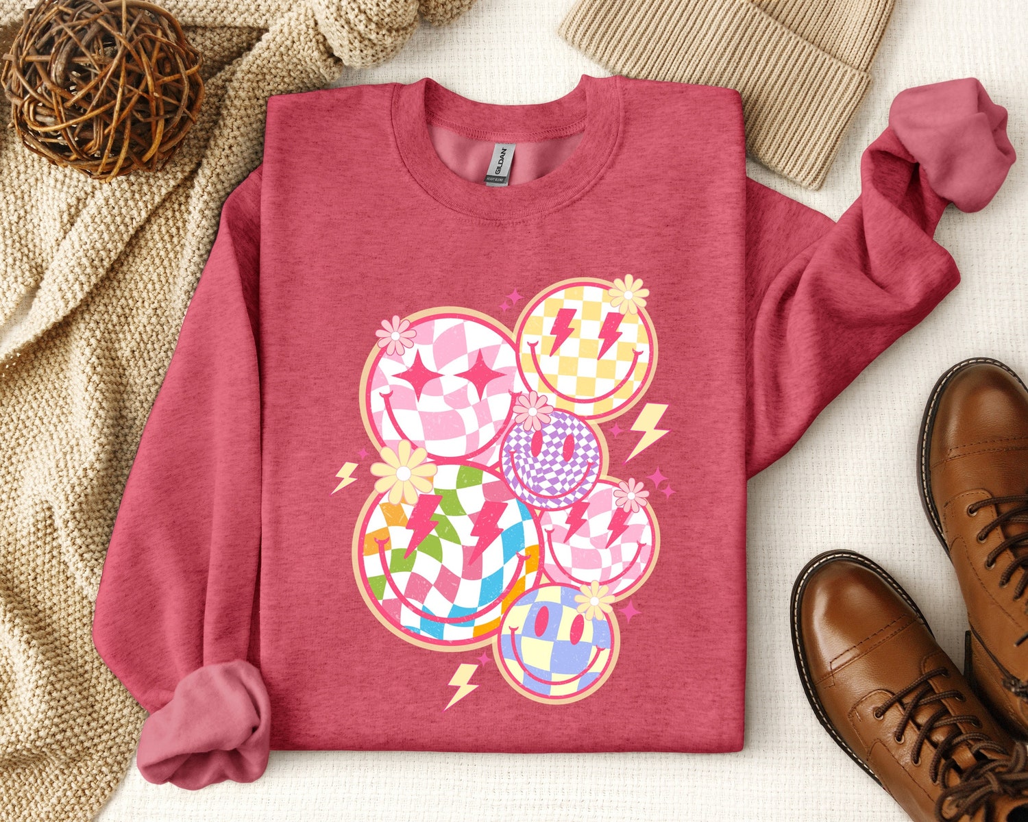Trendy Checkered Smiley Face Sweatshirt | Cute Checkered Smile Face Sweater | Gift For Her image 0