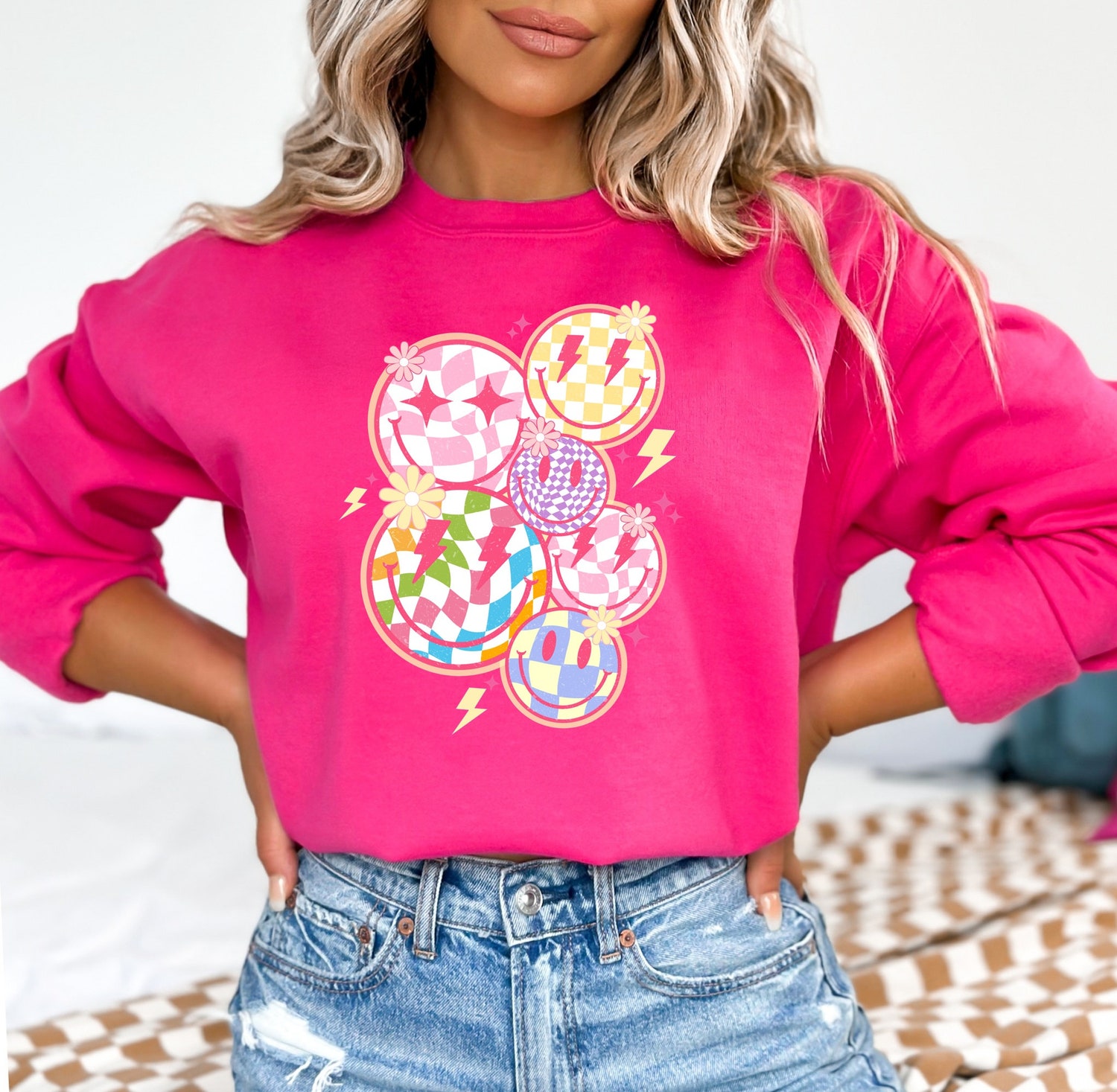 Trendy Checkered Smiley Face Sweatshirt | Cute Checkered Smile Face Sweater | Gift For Her image 1